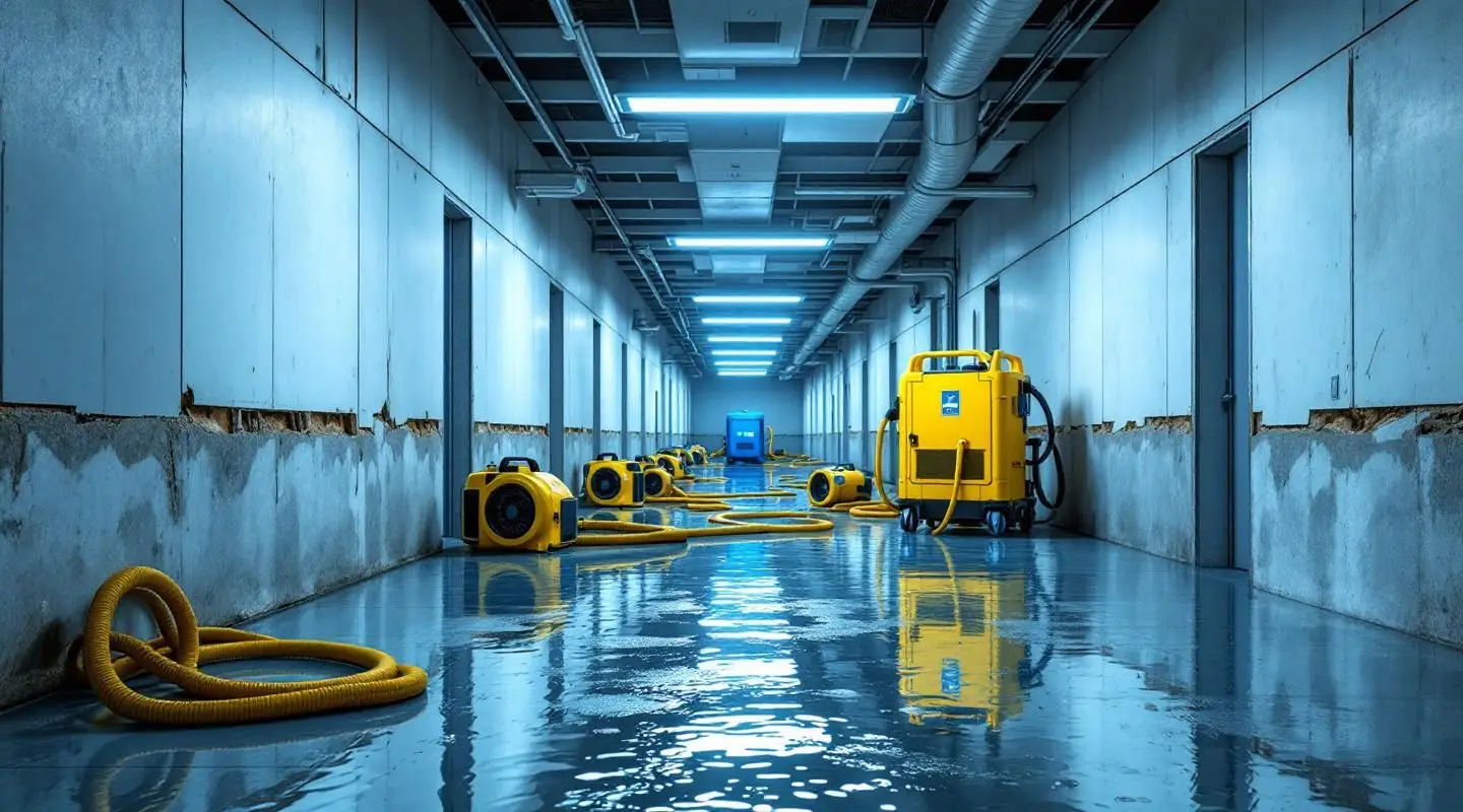 Professional restoration crew using industrial water extractors and air movers in a large Hawaiian Gardens commercial space.