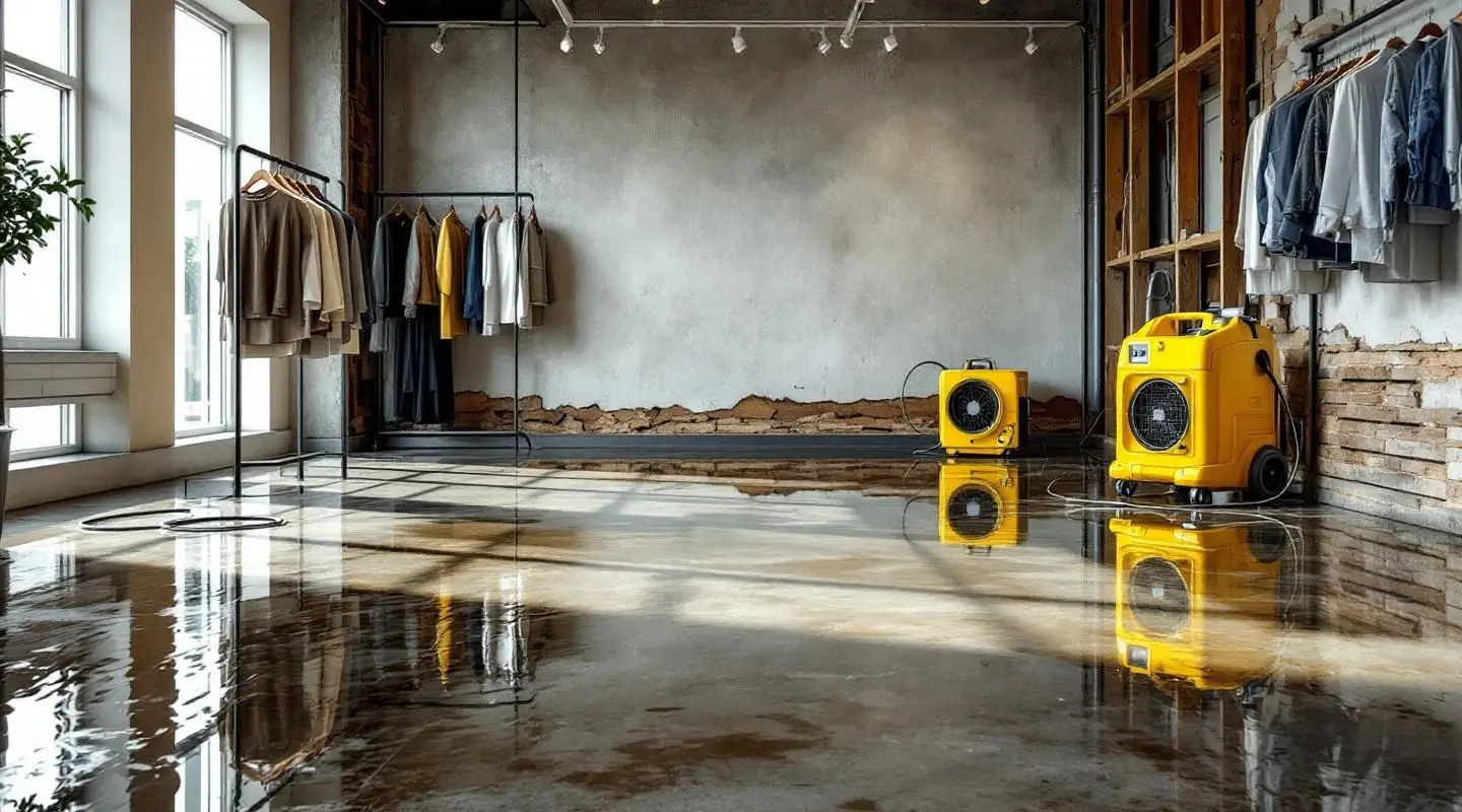 Commercial restoration crew using industrial water extractors in a flooded retail clothing store in Hawaiian Gardens.