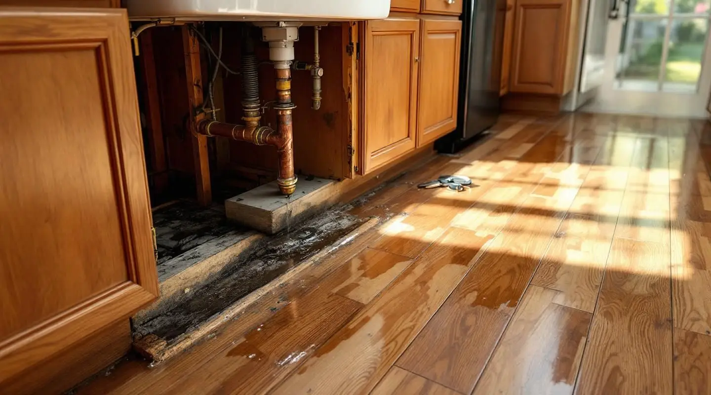 IICRC technician using a moisture meter to detect subfloor saturation under kitchen cabinets in a Hawaiian Gardens home.