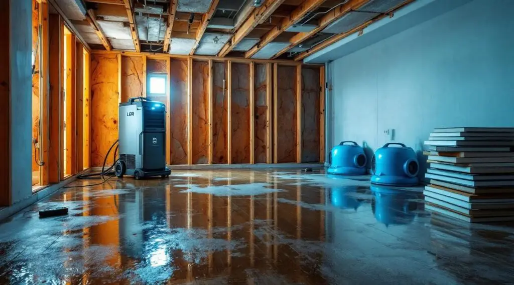 Professional restoration technician using a heavy-duty water extractor on a soaked hardwood floor in a Hawaiian Gardens home.