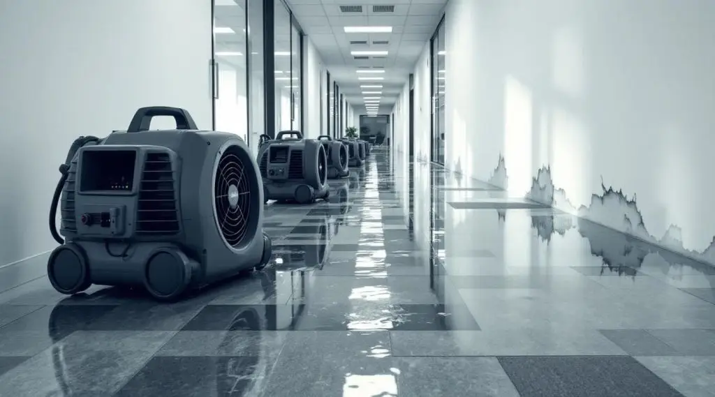 Commercial water extraction crew using heavy-duty dehumidifiers in a flooded Hawaiian Gardens office suite.