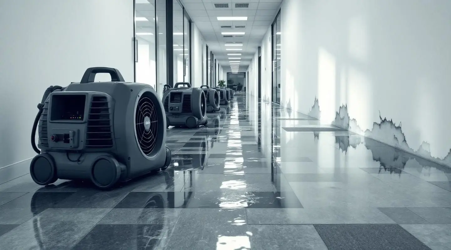 Commercial water extraction crew using heavy-duty dehumidifiers in a flooded Hawaiian Gardens office suite.