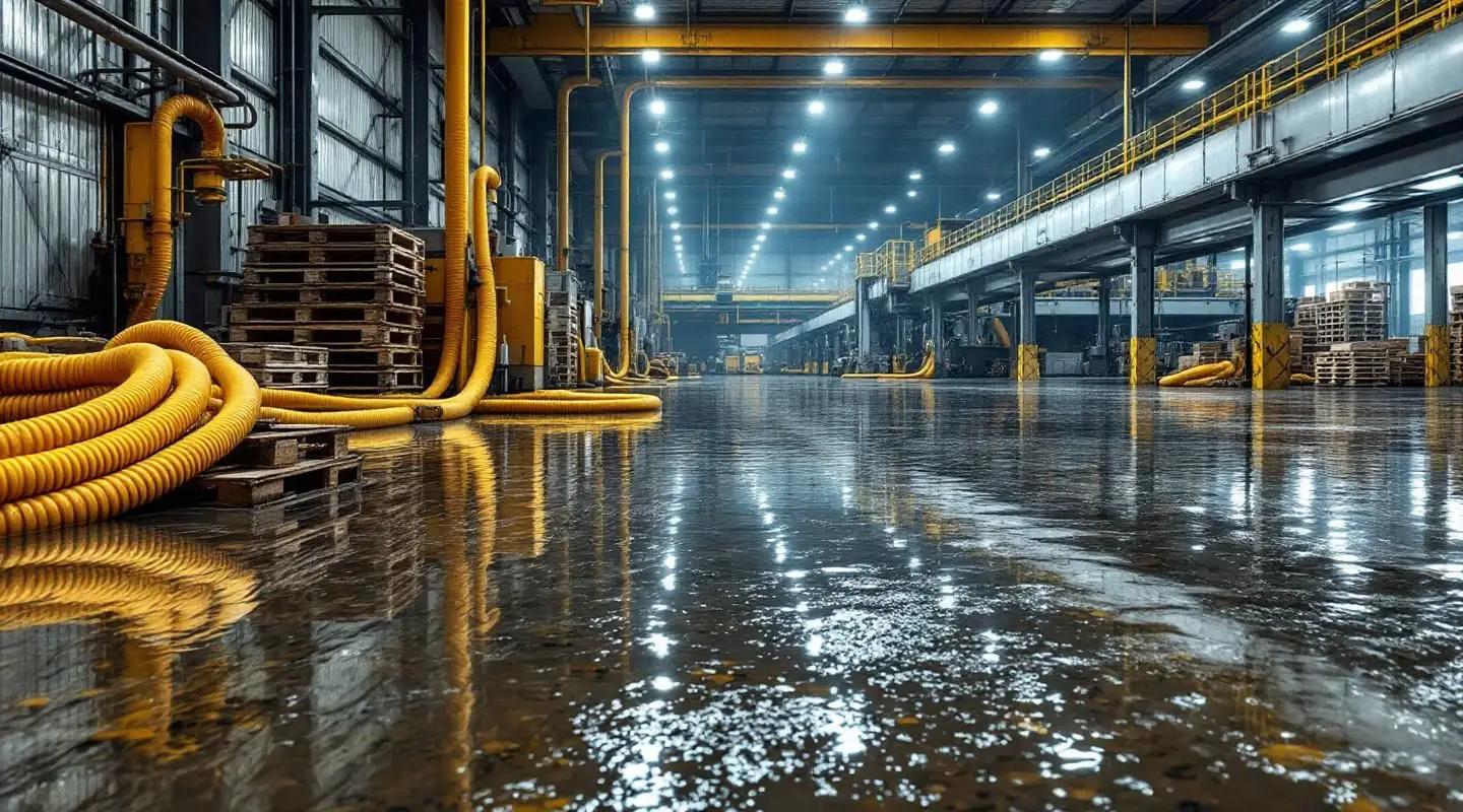 Professional restoration crew operating high-capacity water extractors in a flooded Hawaiian Gardens industrial warehouse.