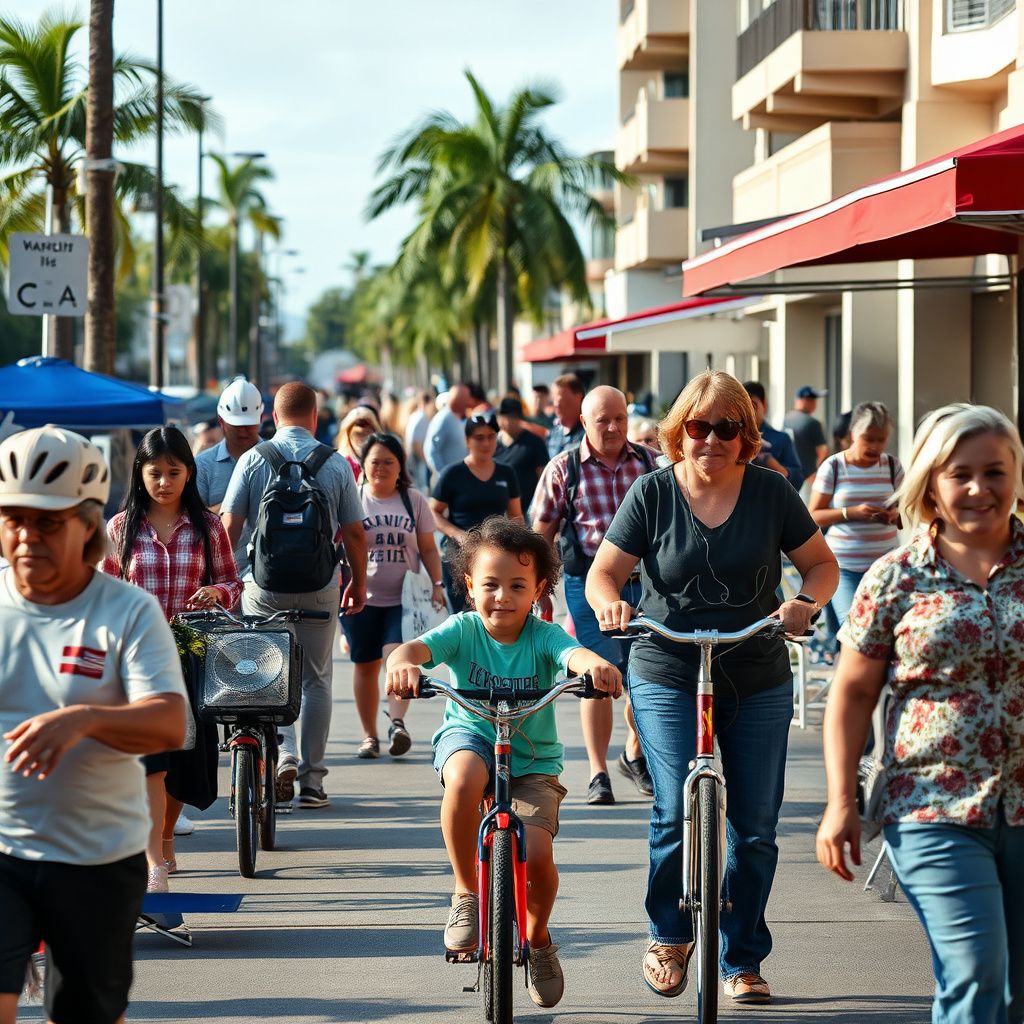 A peaceful street scene in Hawaiian Gardens showing classic Southern California ranch-style architecture and mature palm trees.
