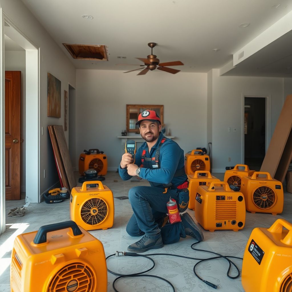 A technician using a thermal imaging camera to detect moisture behind a wall in a Cypress home.