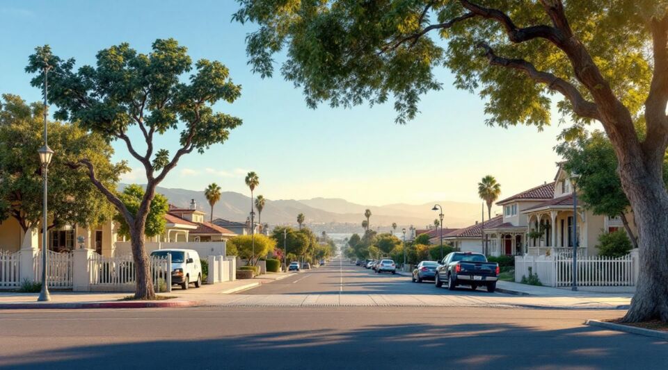 A professional restoration vehicle parked on a quiet Buena Park residential street lined with mid-century tract homes.