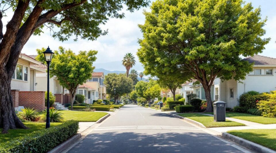 A professional restoration service vehicle parked on a quiet Garden Grove residential street featuring 1950s tract homes.